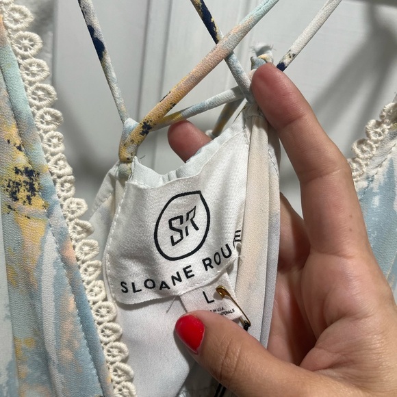 NWT SLOANE ROUGE Blue abstract tropical flowly dress large - Picture 3 of 4